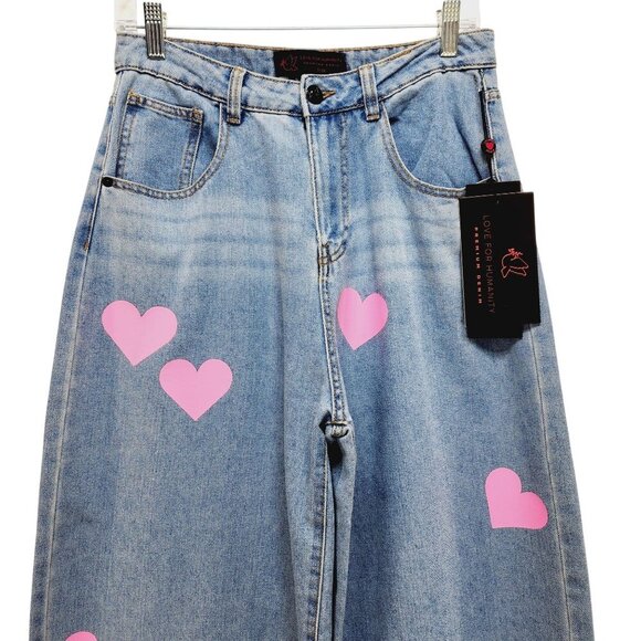 Love For Humanity Womens High-Rise Wide-Leg Jeans Pink Heart Accents Size 7/ 28 - Picture 6 of 15